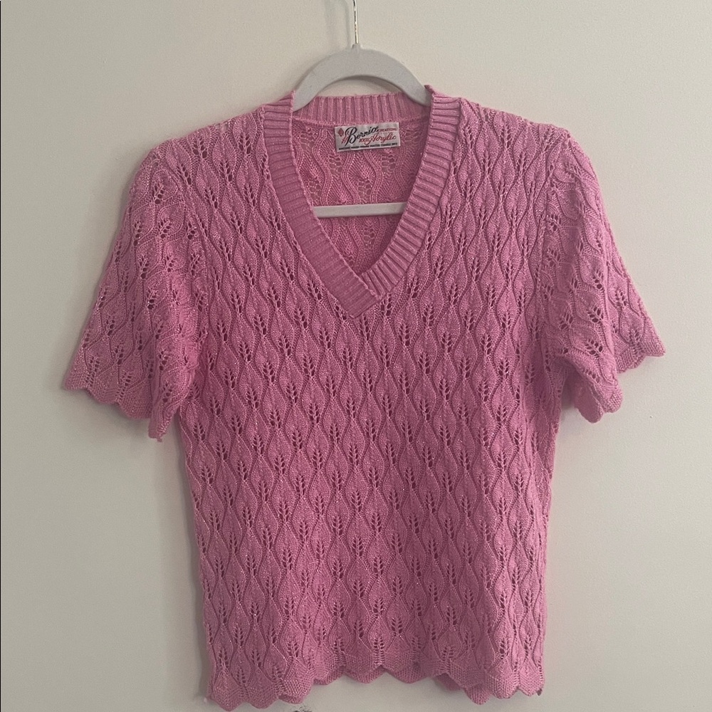 Vintage Bernice Creations Open Knit Short Sleeve Sweater Metallic‎ Pink Boho 70s